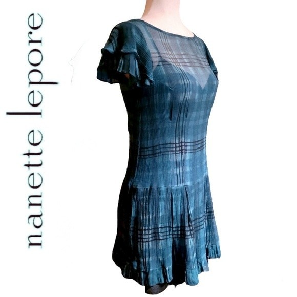 Beautiful Nanette Lapore 2-pc Silk Plaid Turqoiuse Blue Short Sleeve Dress, sz 2 - Picture 7 of 16